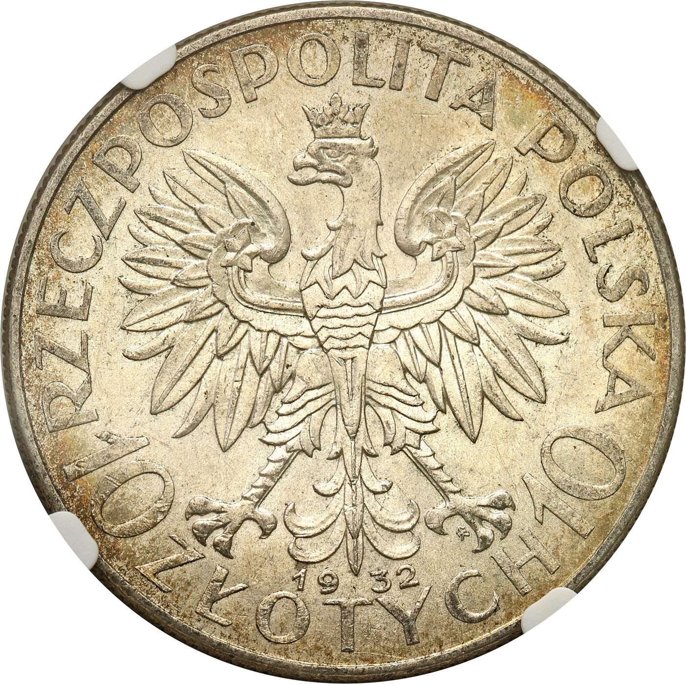 II RP. 10 złotych 1932 głowa kobiety (ze znakiem mennicy) NGC MS62